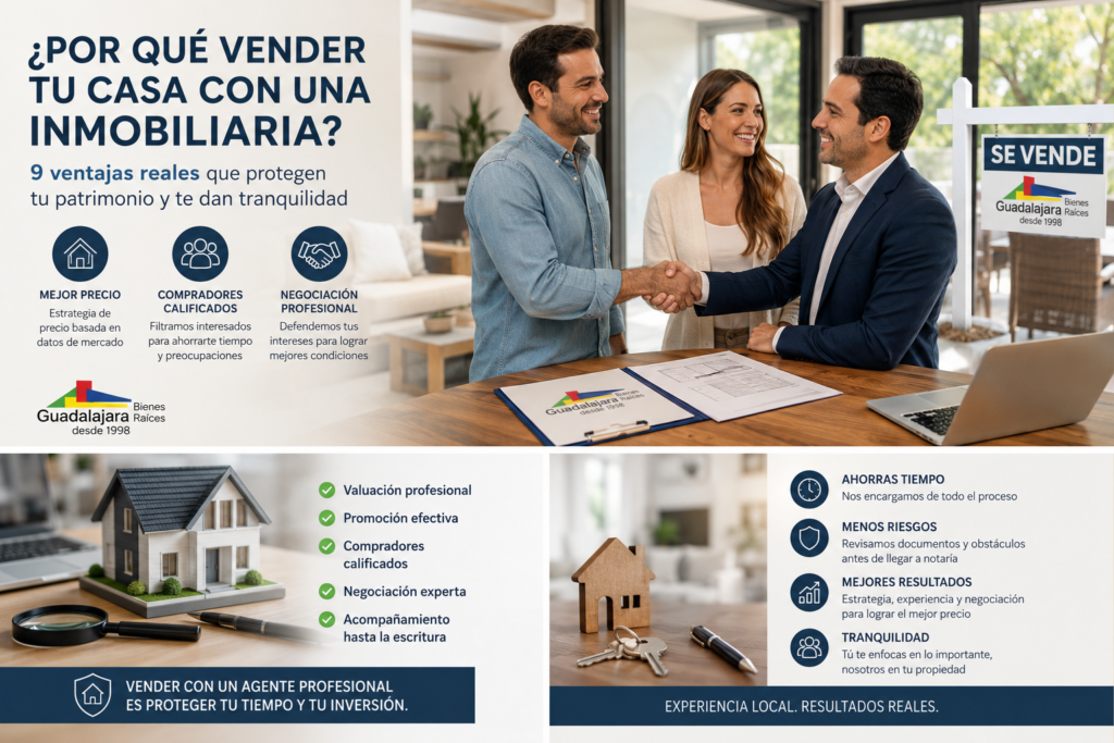 ¿Vas a vender tu casa en Guadalajara? Conoce 9 ventajas de trabajar con una inmobiliaria: precio, promoción, compradores, negociación y cierre.