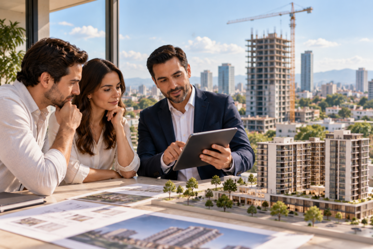 Compradores analizando un departamento en preventa con un asesor inmobiliario en Guadalajara