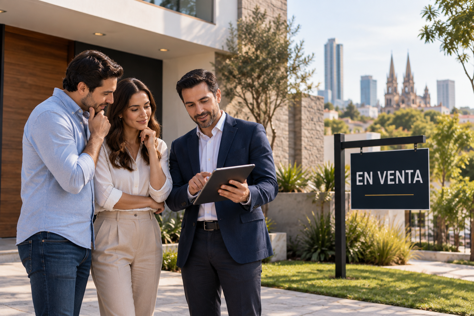 Propietarios revisando la venta de una casa con un asesor inmobiliario en Guadalajara