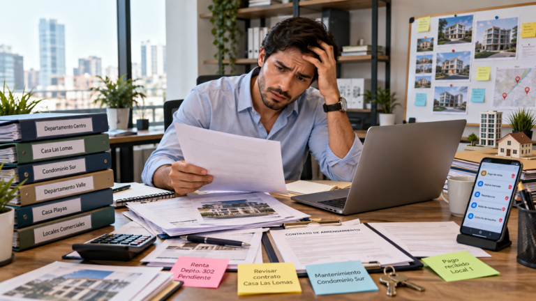 Administrador inmobiliario revisando contratos, rentas y pendientes de varias propiedades