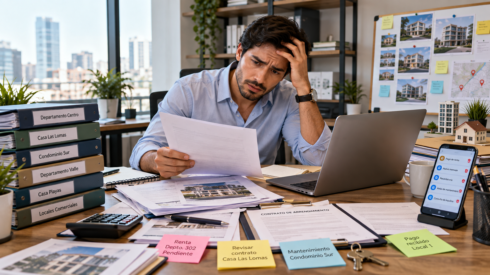 Administrador inmobiliario revisando contratos, rentas y pendientes de varias propiedades